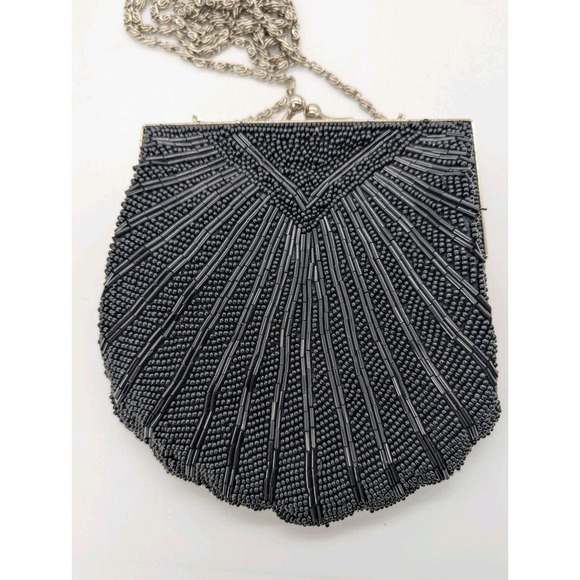 Vintage Whittall & Shon Black Beaded Shell Clutch -Art Deco Scallope Evening Bag - Picture 3 of 7